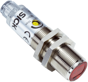 Capteur photoélectrique V180, forme M18, Sn=0-28m, NPN, L.ON/D.ON, 10-30VDC, LED rouge, laiton, dimensions (DxL)=M18x69.8mm, connecteur de raccordement M12, 4 pôles
