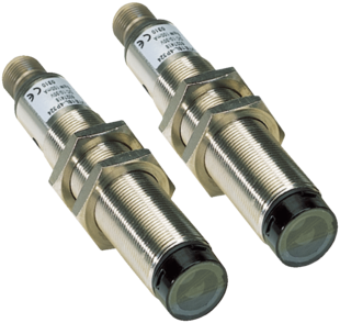 Einweg-Lichtschranke V18, Bauform M18, Sn=0-60m, NPN, L.ON/D.ON, 10-30VDC, Laser, Messing, Abmessungen(DxL)=M18x97.7mm, Anschluss Stecker M12, 4-Polig