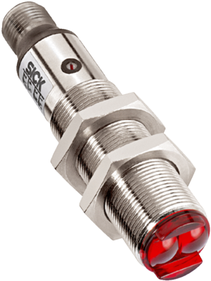 Lichttaster mit Hintergrundausblendung V18, Bauform M18, Sn=25-140mm, NPN, L.ON/D.ON, 10-30VDC, LED rot, Messing, Abmessungen(DxL)=M18x79.4mm, Anschluss Stecker M12, 4-Polig