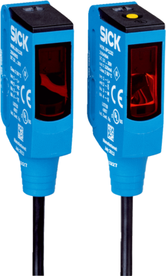 Einweg-Lichtschranke W9, Miniatur Bauform Sn=0-60m, NPN, L.ON/D.ON, 10-30VDC, Laser, Kunststoff, Abmessungen(BxHxT)=12.2x50x23.6mm, Anschluss Kabel 2m, 4-Draht