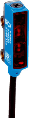 Lichttaster mit Hintergrundausblendung W2S, Miniatur Bauform, Sn=1-150mm, NPN, L.ON/D.ON, 10-30VDC, LED rot, Kunststoff, Abmessungen(BxHxT)=7.7x21.8x13.5mm, Anschluss Stecker M8, 0.2m, 4-Polig