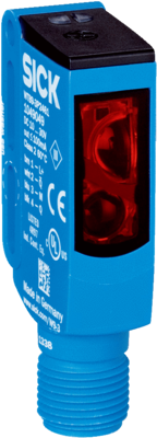 Lichttaster mit Hintergrundausblendung W9, Miniatur Bauform Sn=20-500mm, PNP, L.ON/D.ON, 10-30VDC, LED rot, Kunststoff, Abmessungen(BxHxT)=12.2x50x23.6mm, Anschluss Stecker M12, 4-Polig