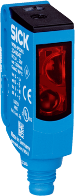 Détecteur à réflexion directe avec élimination d'arrière-plan W9, forme miniature Sn=20-500mm, PNP, L.ON/D.ON, 10-30VDC, LED rouge, plastique, dimensions (LxHxP)=12,2x50x23,6mm, connecteur M8, 4 pôles