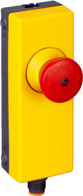 Boîtier en saillie plastique jaune, 1x bouton d'arrêt d'urgence 28mm, appareil complet 2x NC, éclairé, fonction d'arrêt d'urgence : réarmement par rotation, IP65, raccordement connecteur M12, 4 broches