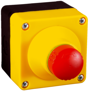 Boîtier en saillie en plastique jaune, 1x bouton d'arrêt d'urgence 31.5mm, entrée de câble métrique, complet avec élément de contact 2x à ouverture + 1x à fermeture, fonction d'arrêt d'urgence : réarmement par rotation