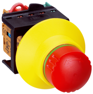 Bouton d'arrêt d'urgence en plastique à verrouillage, 31.5mm, couleur : rouge, fonction : réarmement par rotation, complet avec élément de contact 2x à ouverture + 1x à fermeture + élément de couplage en plastique