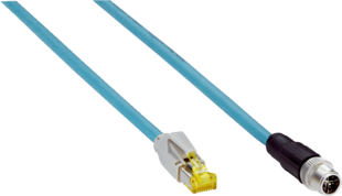 Câbles de connexion. Domaine d'utilisation: Domaine de l’huile/des lubrifiants. Mode de raccordement tête A: Connecteur mâle, M12, 8 pôles, droit, Codage X. Mode de raccordement tête B: Connecteur mâle, RJ45, 8 pôles, droit. Câble: 1 m, 8 fils, AWG26, PUR, sans halogène. Description: Gigabit Ethernet, torsadé(e)s par paires, blindé