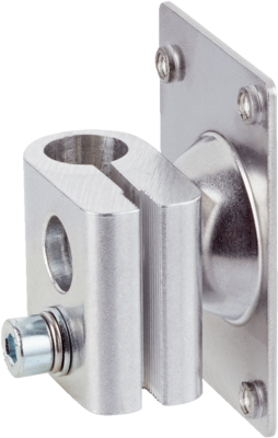 Klemmblock zur Befestigung von G10, W12 und WTT12 Sensoren an Rundstangen 10 mm, klemmbar bis max. 4 mm Blechstärke, Stahl, Klemmblock mit Vorrichtung zur Rundstangenaufnahme, Befestigungswinkel, Befestigungsmaterial