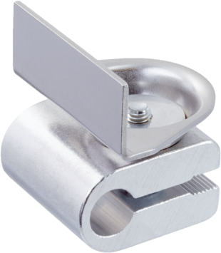Bloc de serrage avec dispositif d'insertion de barres rondes pour barres rondes de 10mm, serrage possible jusqu'à 4mm max. d'épaisseur de tôle, Aluminium (bloc de serrage), Acier inoxydable (équerre de fixation)