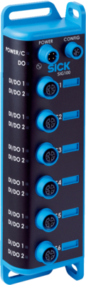 Sensor Integration Gateway. SIG100. Anschluss I/O: 6 x M12, 5-polige Buchse, A-kodiert. Main: 1 x M12, 5-poliger Stecker, A-kodiert. Anschluss CONFIG: 1 x M8, 4-polige Buchse, USB 2.0 (USB-A)
