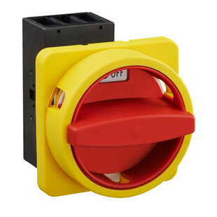 Lasttrennschalter für Frontmontage, Zentrallochbefestigung 22.5mm. 32A, 3-polig, ON/OFF, 90°, 0H.12, Griff gelb/rot, Typ: H226-41300-206N4