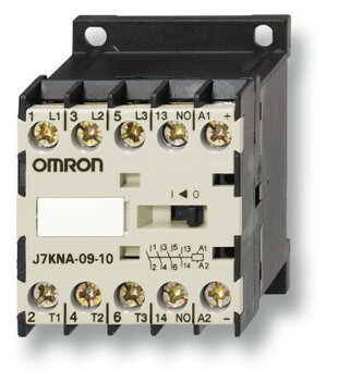 Petit contacteur de la série J7KNA, 5.5kW/400V, AC-3, 12A, 3 contacts principaux, contacts auxiliare 1 N.C., tension de commande = 24VDC avec circuit de protection diodes