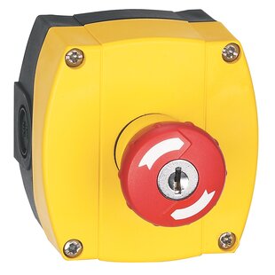 Boîtier en saillie plastique jaune, 1x bouton d'arrêt d'urgence 40mm, entrée de câble PG, Complet avec élément de contact 2x NF, Fonction arrêt d'urgence: Réinitialisation par rotation