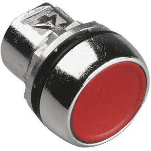 Drucktaster Metall, flach, tastend, unbeleuchtet, Druckplatte Farbe: Rot mit weissem Text Symbol: Stop