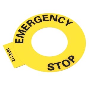 Plaque signalétique d'arret d'urgence, jaune, anglais "emergency stop", pour série commutateur 16mm.
