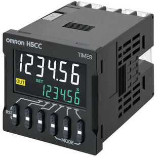 Digitales Panel-Zeitrelais der Serie H5CC, 6-stellig, 48x48mm Frontmass, standard, 1x C/O + 1x NPN (transistor), 100-240VAC, feste Anschlussklemmen, 15 Zeitfunktionen, 3 Steuereingänge (NPN/PNP)